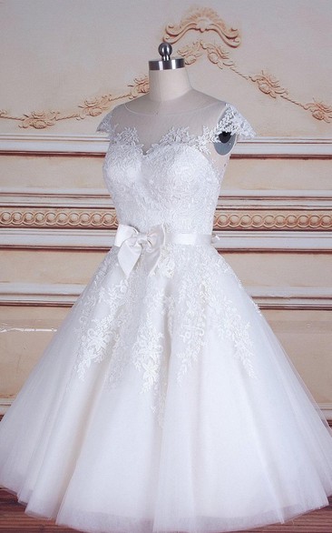 Cap-Sleeve Lace Bridal Short A-Line Satin Tulle Dress