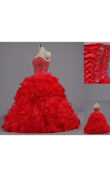 Floor-Length Organza Bell Jeweled Corset Ruffled Lace Ball Gown