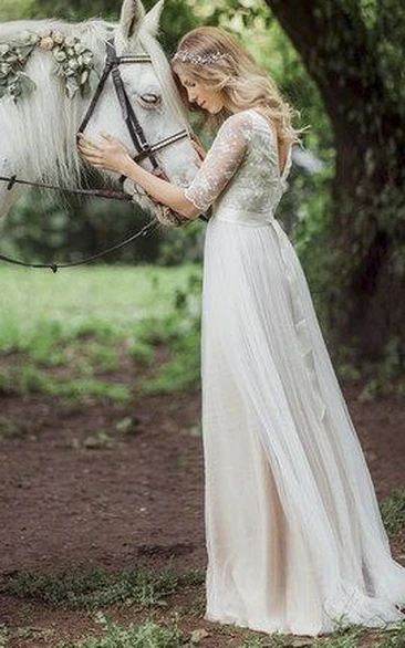 Bateau Illusion Half Sleeve Tulle Floor-length Dress With Lace And Low-V Back