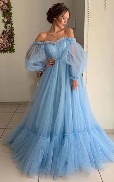 Off-the-shoulder Tulle Long Sleeve Sweep Train Lace-up Back Ball Gown Formal Dress