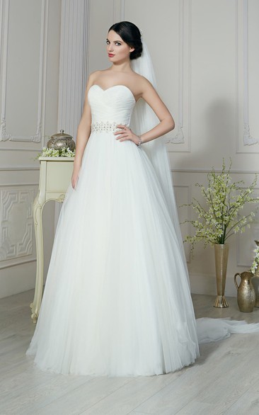Sleeveless Ruched Beading Long A-Line Tulle Dress