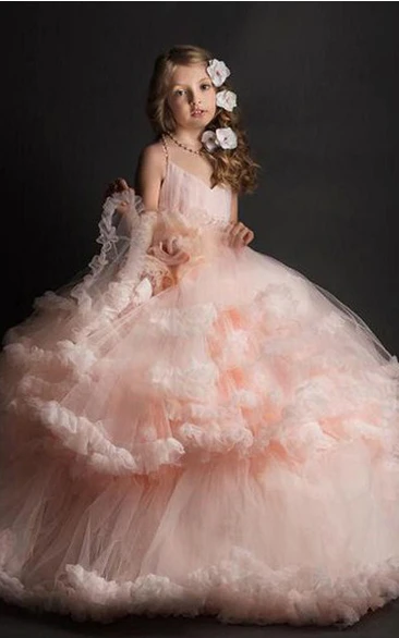 Romantic Tulle Spaghetti Tier Ball Gown Flower Dirl Dress