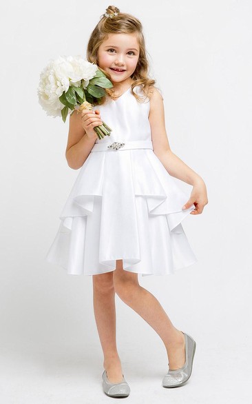Satin Ribbon Slit-Front Midi-Length Flower Girl Dress