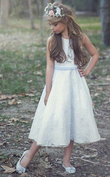 Scoop-neck Sleeveless Tea-length Lace A-line flower girl Dress