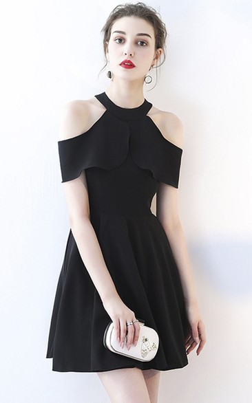 Adorable Halter A-line Little Black Dress With Cap Sleeves