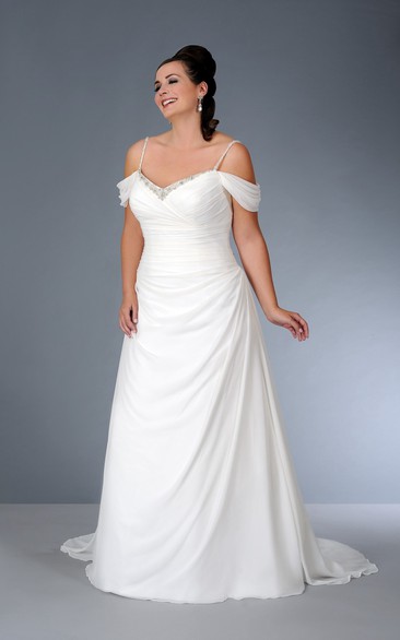 Off-the-shoulder Spaghetti Satin side-ruched Dress With Beading And Corset Back