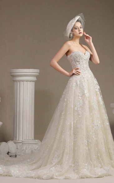 Lace Ballgown Princess Sweetheart Sleeveless Wedding Dress With Boning And Floral Appliques