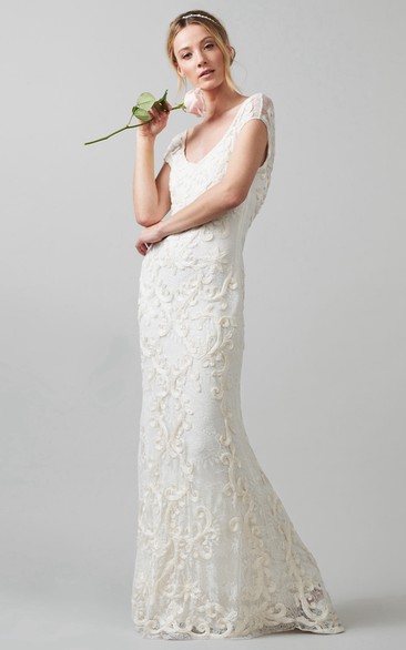 Sheath V-neck Lace Cap-sleeve Dress With Appliques And Low-V Back 