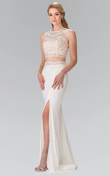 2-Piece Jeweled Split Front Column Scoop-Neck Jersey Sleeveless Illusion Dress
