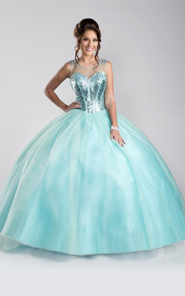 Tulle Keyhole Back Sequined-Bodice A-Line Sleeveless Ball Gown