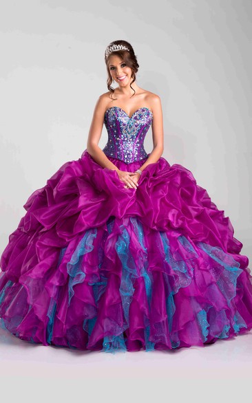 multicolor Sweetheart Beaded Ball Gown With Ruffles And Corset Back