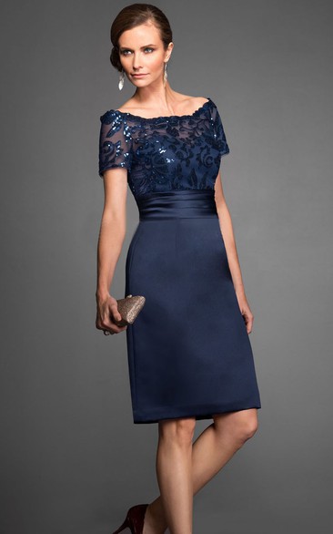 Bateau Short Sleeve Pencil midi Dress With Illusion And Sequins