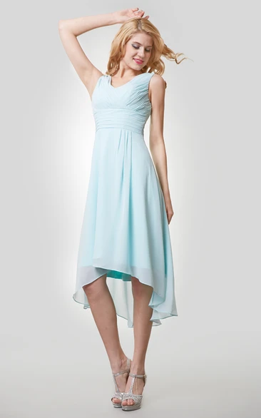 Sleeveless Ruched Chiffon High-Low V-Neckline Dress