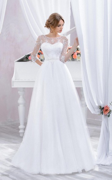 Scoop-neck Illusion 3-4-sleeve A-line Tulle Wedding Dress With Corset Back