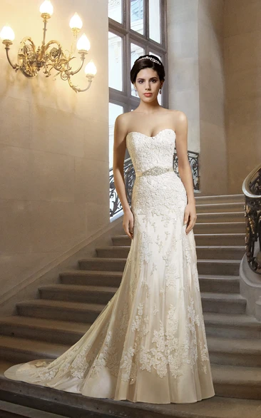 Sweetheart Sheath Lace Appliqued Wedding Dress With Jeweled Waist And Court Train