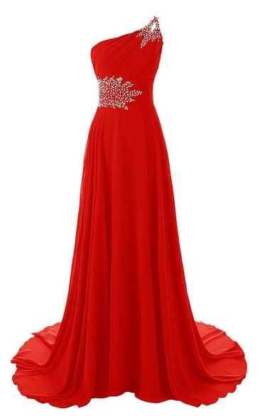 One-shoulder Sleeveless A-line Chiffon Prom Dress With Beading