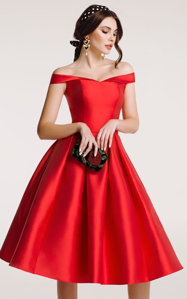 Simple Vintage A Line Satin Off-the-shoulder Cocktail Dress with Pleats