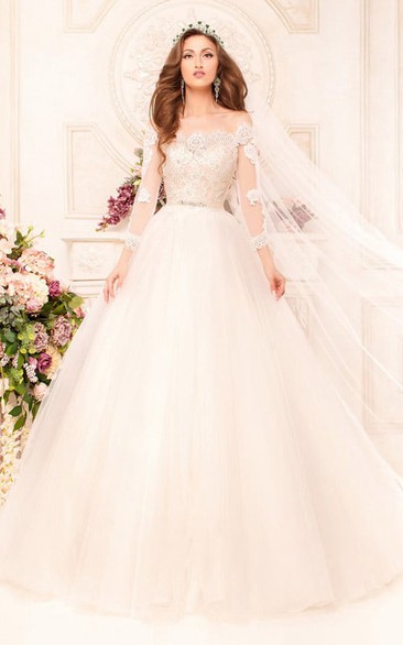 Off-The-Shoulder Appliqued Tulle Beading Ball-Gown Princess Illusion Dress