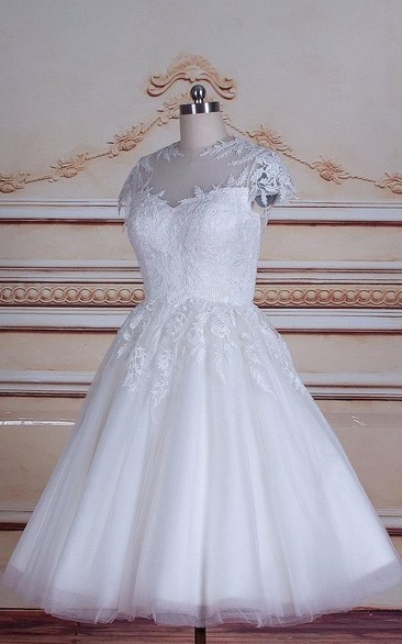Lace Button Wedding Tulle Tea-Length Satin Dress