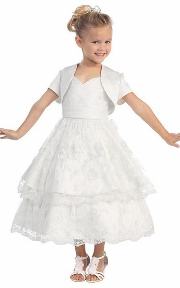 Tiered Satin Bolero Short Lace Flower Girl Dress