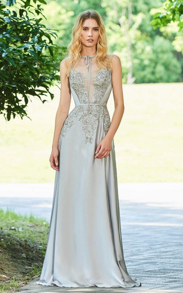 Elegant Chiffon Sleeveless Button Back Prom Gown With beading And Appliques