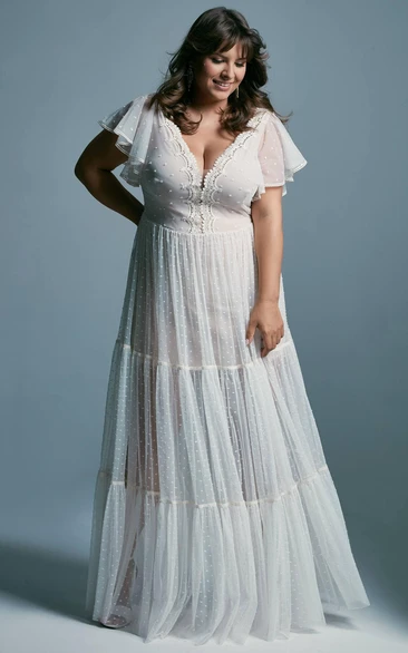 Sexy Plunged Poet-sleeve Illusion Empire Tulle Plus Size Wedding Dress