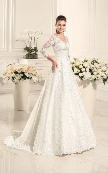 Long-Sleeve Satin Sweetheart A-Line Wedding Lace Dress