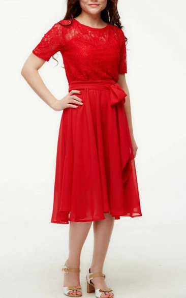 Scoop-neck Short Sleeve Knee-length Bridesmaid Dress With Lace And bow