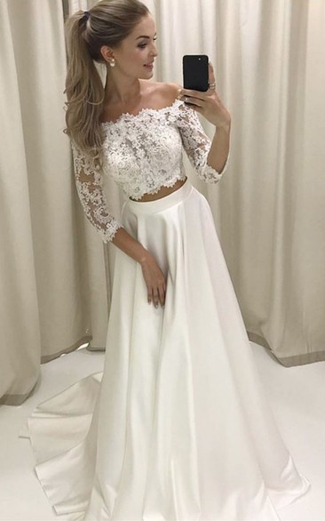 Off-the-shoulder Satin Lace Illusion 3/4 Length Sleeve Wedding Dress