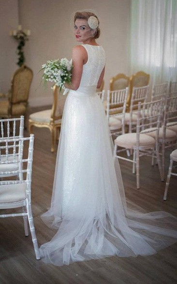 Long Satin Sash Wedding Bow Sleeveless Jewel Tulle Gown