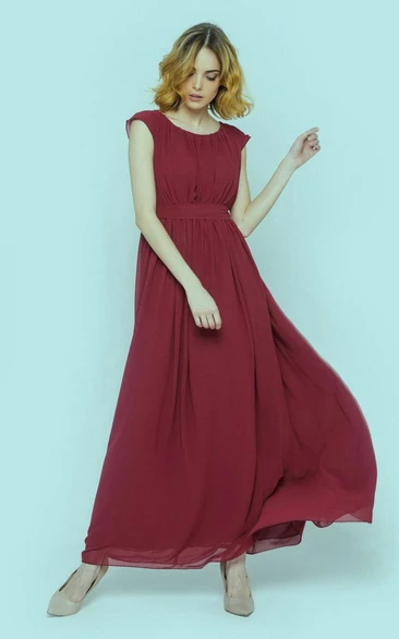 Scoop-neck Chiffon Ruched Ankle-length Dress With bow