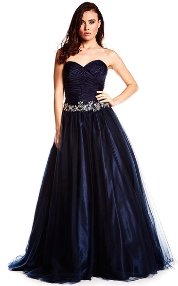 A-Line Criss-Cross Sweetheart Sleeveless Long Satin Prom Dress With Bow And Waist Jewellery