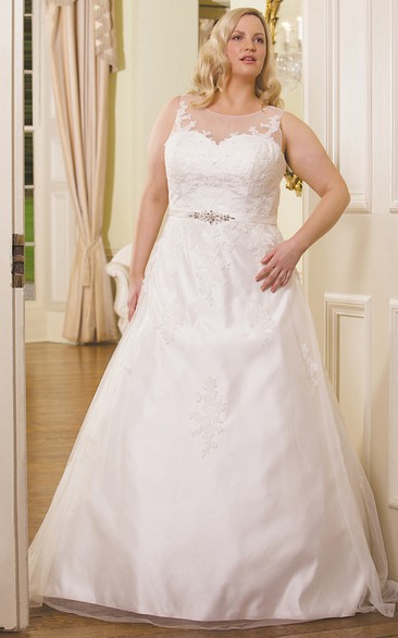 Scoop-neck Sleeveless Satin A-line Ball Gown With Appliques 