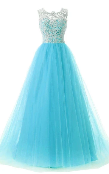 Jewel-Neck Sleeveless Tulle A-line Dress With Lace top