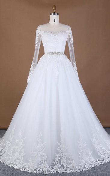 Long-Sleeve Rhinestone Broach Wedding Ball-Gown Princess Lace Dress
