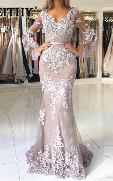 V-neck Lace 3/4 Length Sleeve Floor-length Brush Train Button Mermaid Prom Dress