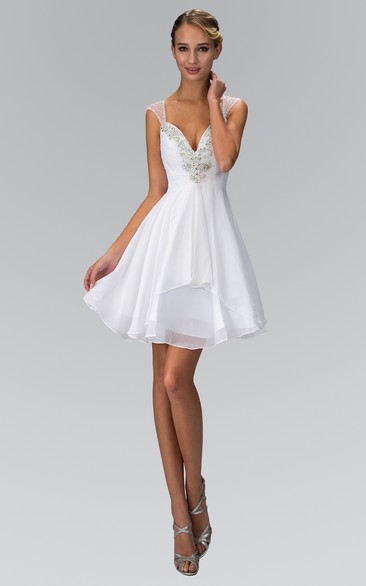 A-Line Short Queen Anne Sleeveless Chiffon Dress With Ruching And Beading