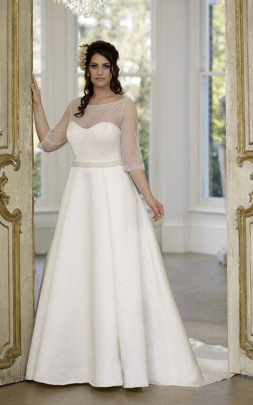 Half-Sleeve Court-Train Long A-Line Low-V-Back Satin Gown
