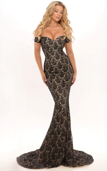 fishtail Lace Off-the-shoulder party Dress With Sweep Train And Low-V Back