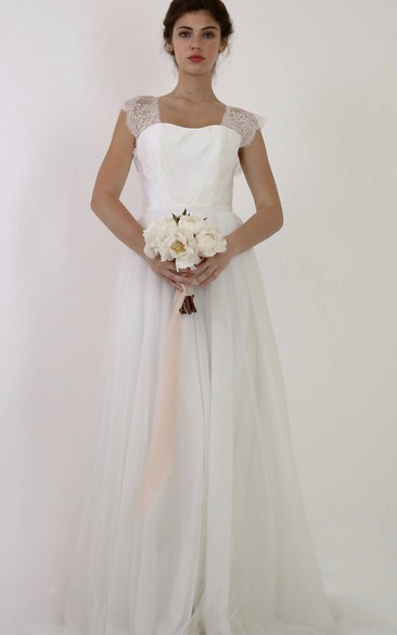 Bohemian Tulle A Line Sweep Train Floor-Length Scoop Wedding Dress With Bow