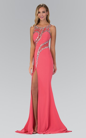 Scoop-neck Sleeveless Jersey Front-split Prom Dress With Beading And Illusion