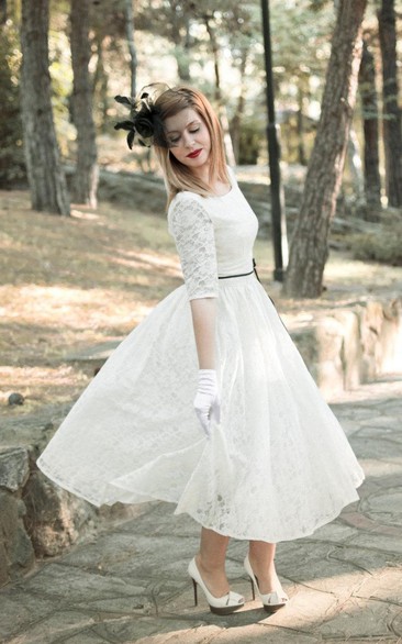 Bridal Satin Ribbon Half Illusion Sleeve 3-4-Length Jewel Dress