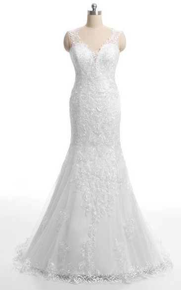 Lace Embroideries Low-V Back Backless Trumpet Gown