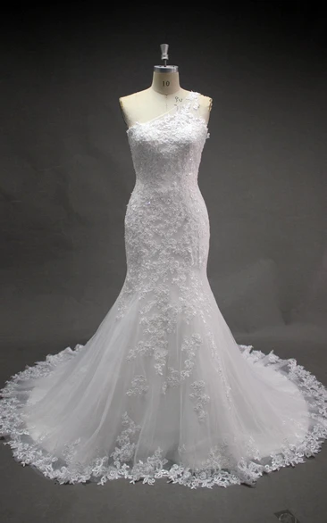 One Shoulder Lace Mermaid Wedding Dress With Court Train
