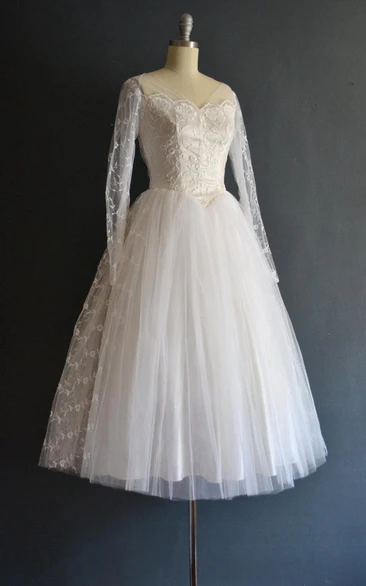 V-neck Illusion Long Sleeve Tulle Tea-length Wedding Dress With Embroidery