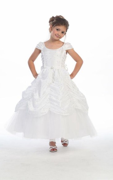 Lace Broach Layered Ankle-Length Flower Girl Dress