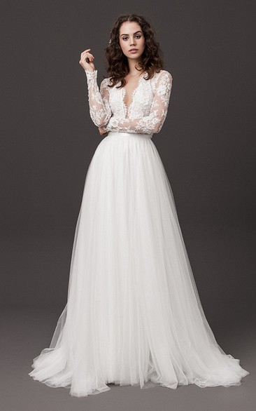 Modern A Line Tulle Floor-length Long Sleeve Open Back Wedding Dress with Sash