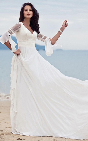 Bohemian Half Sleeve A Line V-neck Chiffon Lace Floor-length Wedding Dress