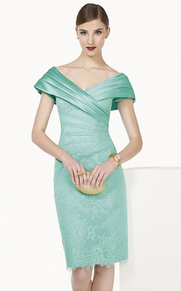 Satin V Neck Cap Sleeve Sheath Knee Length Lace Prom Dress Shown In Turquoise