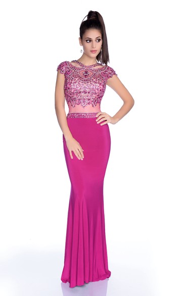 Jewel-Neck Cap-sleeve Jersey Prom Dress With Beading And Illusion